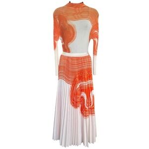 Watercolor Pleated Skirt and Textured Shirt Set Sz Small Orange White